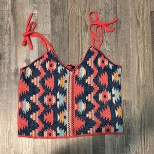 Vibrant Patterned Crop Top with Coral and Navy Design